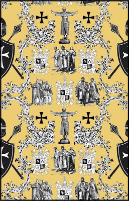 Toile de Jouy au mètre jaune Héraldique Croix Ordre des Templiers rideau ameublement