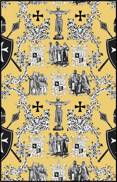 Toile de Jouy au mètre jaune Héraldique Croix Ordre des Templiers rideau ameublement