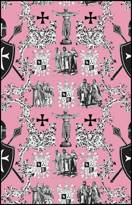 Toile de Jouy au mètre rose Héraldique Croix Ordre des Templiers tissu ameublement