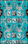 Tissu Toile de Jouy au mètre Héraldique Empire Ordre des Templiers turquoise bleu vert