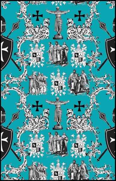Tissu Toile de Jouy au mètre Héraldique Empire Ordre des Templiers turquoise bleu vert