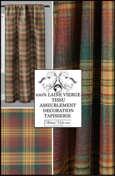 Rideauvoile boutique tissu rayé lainage ameublement 100% Laine vierge à carreaux tartan écossais rouge bleu jaune. Décorateur décoratrice architecte d'intérieur maison haut gamme tapisserie siège fauteuil Médaillon bergère. Wool fabrics drapes curtain upholstery  meter.