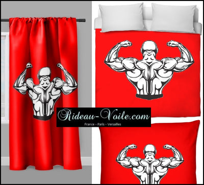 Décoration sportif rideau coussin couette rouge motif musculation dos bodybuilding