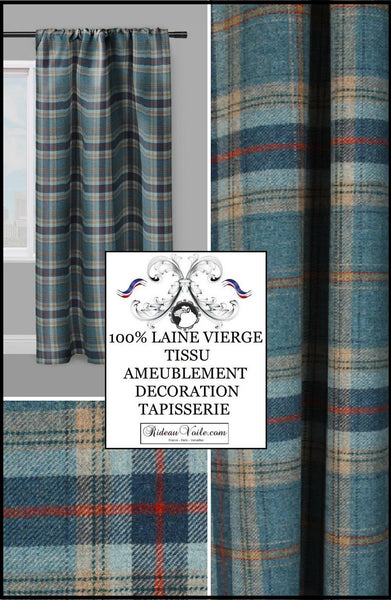 Rideauvoile tissu rayé lainage ameublement 100% Laine vierge à carreaux tartan écossais bleu. Décorateur décoratrice architecte d'intérieur maison haut gamme tapisserie siège fauteuil Médaillon bergère. Wool fabrics drapes curtain upholstery  meter.
