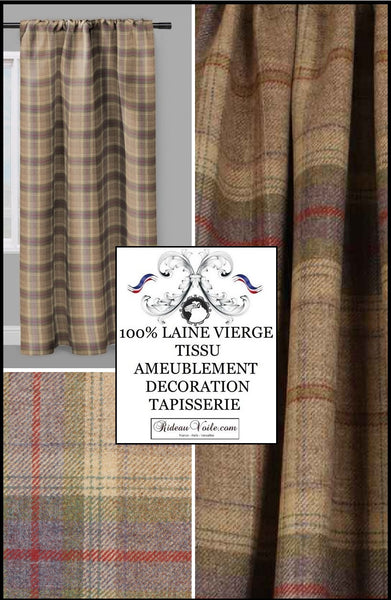 Rideauvoile tissu rayé lainage ameublement 100% Laine vierge à carreaux tartan écossais beige rouge. Décorateur décoratrice architecte d'intérieur maison haut gamme tapisserie siège fauteuil Médaillon bergère. Wool fabrics drapes curtain upholstery  meter.