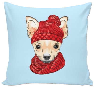 Tissu au mètre bleu motif imprimé chien Chihuahua bonnet rouge rideau couette coussin