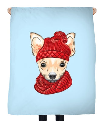 Tissu au mètre bleu motif imprimé chien Chihuahua bonnet rouge rideau couette coussin