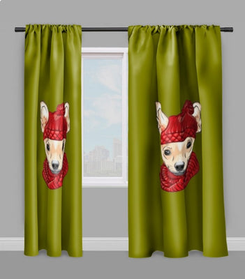 Tissu au mètre vert motif imprimé chien Chihuahua bonnet rouge
