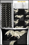 Tissu au mètre motif oiseaux grue du Japon rideau coussin housse couette fond noir