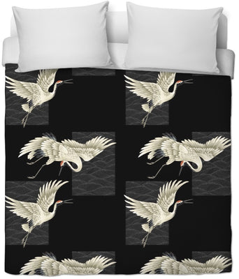 Tissu au mètre motif oiseaux grue du Japon rideau coussin housse couette fond noir