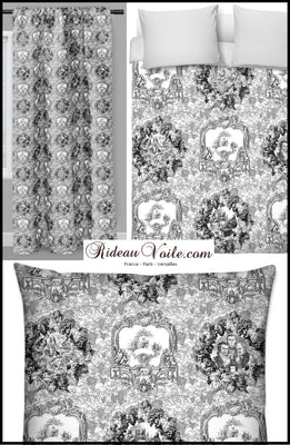 Toile de Jouy tissu au mètre noir blanc rideau couette coussin sur mesure