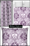 Tissu déco tapisserie Toile de Jouy au mètre violet rideau couette sur mesure