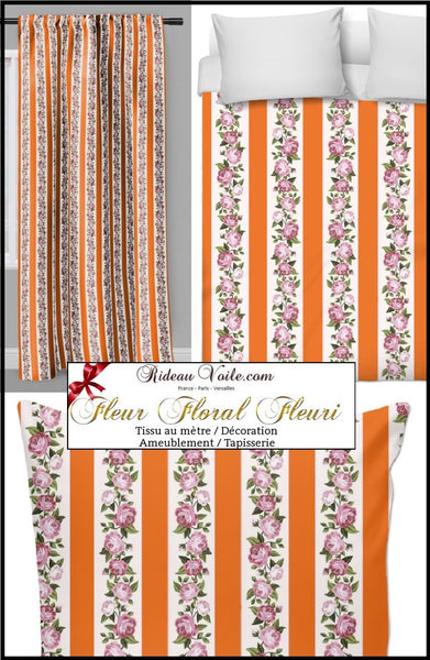 Tissu rayé rayures orange fleuris mètre rideau fleur tapisserie siège