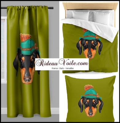 Motif chien TECKEL animal rideau couette coussin tissu vert imprimé au mètre