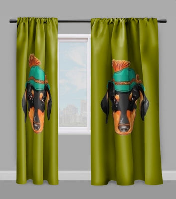 Motif chien TECKEL animal rideau couette coussin tissu vert imprimé au mètre
