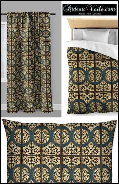 Tissu au mètre vert motif style Empire Baroque ornement or florale
