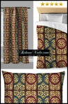 Tissu au mètre vert rouge motif style Empire Baroque ornement or florale