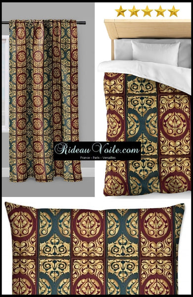 Tissu au mètre vert rouge motif style Empire Baroque ornement or florale