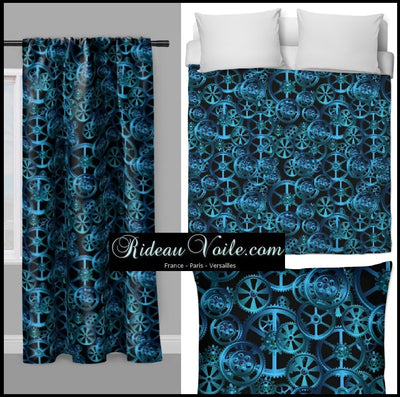Tissu au mètre motif imprimé Art Steampunk rouage mécanique bleu rideau coussin couette
