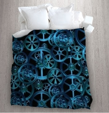 Tissu au mètre motif imprimé Art Steampunk rouage mécanique bleu rideau coussin couette