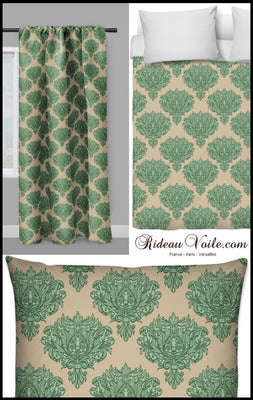 Tissu au mètre vert fleur fleuri rideau couette coussin style Empire Baroque beige
