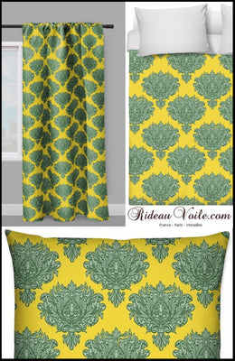 Tissu au mètre jaune fleur fleuri rideau couette coussin style Empire Baroque vert