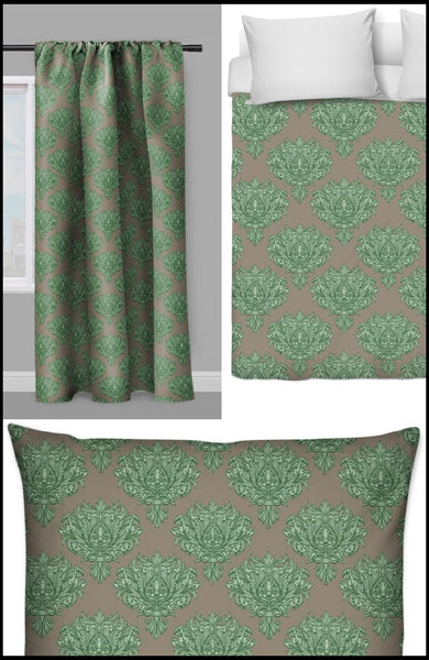 Tissu au mètre marron fleur fleuri rideau couette coussin style Empire Baroque vert
