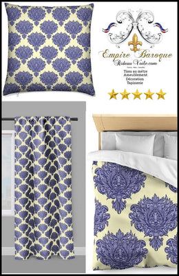 Tissu au mètre jaune fleur fleuri rideau couette coussin style Empire Baroque bleu