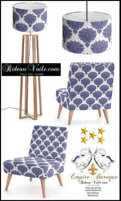 Tissu ameublement décoration Empire Damask Baroque au mètre bleu blanc