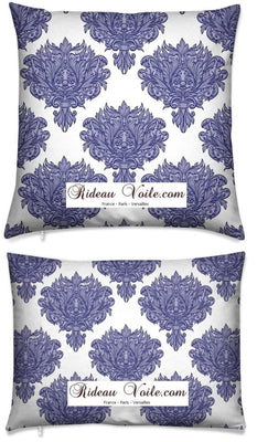 Tissu ameublement décoration Empire Damask Baroque au mètre bleu blanc