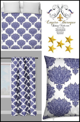 Tissu ameublement décoration Empire Damask Baroque au mètre bleu blanc