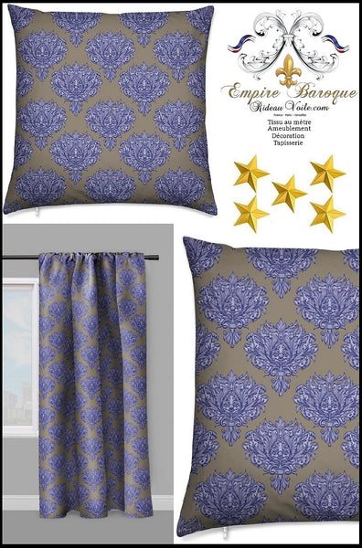 Tissu ameublement décoration Empire Damask Baroque au mètre bleu brun