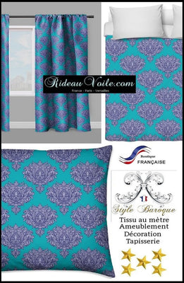 Tissu ameublement décoration Empire Damask Baroque au mètre bleu turquoise