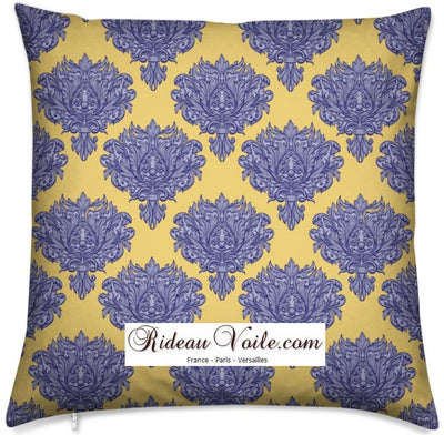 Tissu ameublement décoration Empire Damask Baroque au mètre bleu jaune