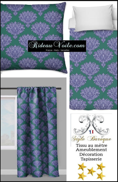 Tissu vert rideau couette coussin style Empire Baroque mètre motif fleur bleu