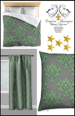 Tissu au mètre gris feuille fleur fleuri rideau couette coussin vert Empire Baroque
