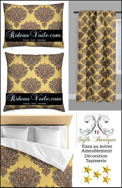 Tissu au mètre feuille fleur fleuri style Empire Baroque ameublement tapisserie jaune