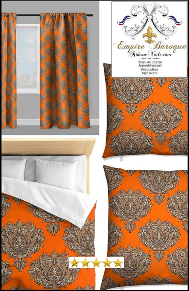 Tissu au mètre orange fleur fleuri rideau couette coussin Empire Baroque vert