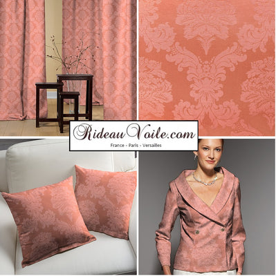 Tissu JACQUARD rose ameublement mètre grande largeur 280 style Baroque rideau xtrento occultant Damassé. Tapisserie siège fauteuil médaillon. Décoration architecte décoratrice intérieur salon, chambre, cuisine. Upholstery fabric meter curtain blackout. Tapestry living room bedroom pink