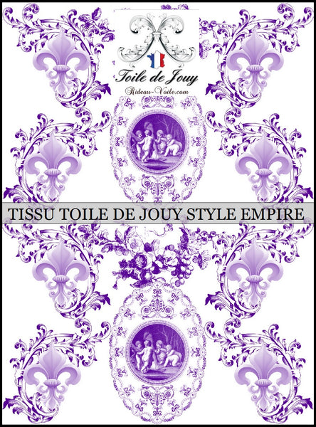 Toile de Jouy tissu ameublement style Empire Anges Fleur de Lys violet. Tissu ameublement tapisserie Empire Anges Angelots Toile de Jouy Fleurs de Lys rideau au mètre. Ignifugé occultant. Country french fabric Toile Jouy upholstery curtain. Arte fresca Stoffe Klassizismus Tapestry klädsel Restaurering gardintyg.Tecido tapeçaria cortina. Gordijnen, Gordijnstof, Gordijnstoffen.