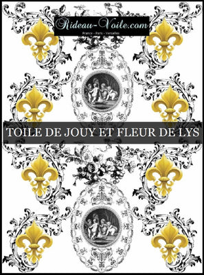 Toile de Jouy blanc noir tissu au mètre style Empire Anges Fleur de Lys ignifuge occultant motif imprimé