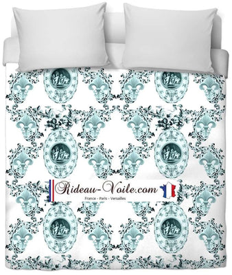 Toile de Jouy tissu au mètre style Empire Baroque motif imprimé Anges Fleur de Lys bleu turquoise couette
