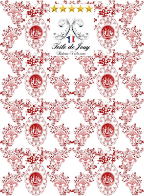 Toile de Jouy tissu au mètre style Empire Baroque motif imprimé Anges Fleur de Lys rouge ignifuge occultant