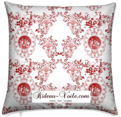 Toile de Jouy tissu au mètre style Empire Baroque motif imprimé Anges Fleur de Lys rouge ignifuge occultant coussin