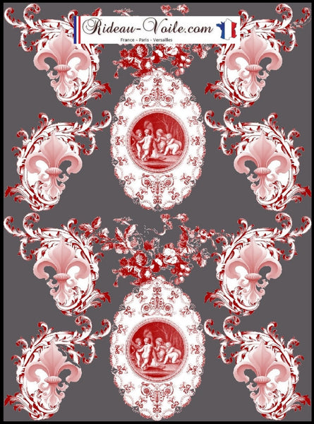 Toile de Jouy tissu gris ameublement style Empire Anges Fleur de Lys rouge. Tissu ameublement tapisserie Empire Anges Angelots Toile de Jouy Fleurs de Lys rideau au mètre. Ignifugé occultant. Country french fabric Toile Jouy upholstery curtain. Arte fresca Stoffe Klassizismus Tapestry klädsel Restaurering gardintyg.Tecido tapeçaria cortina. Gordijnen, Gordijnstof, Gordijnstoffen.