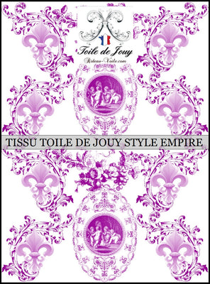 Toile de Jouy tissu ameublement style Empire Anges Fleur de Lys lilas