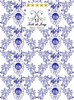 Toile de Jouy tissu au mètre style Empire Baroque motif imprimé Anges Fleur de Lys bleu ignifuge occultant drap couverture tapisserie