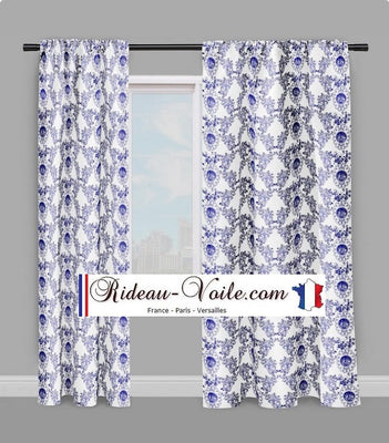 Toile de Jouy tissu au mètre style Empire Baroque motif imprimé Anges Fleur de Lys bleu ignifuge occultant rideau