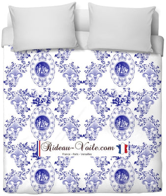 Toile de Jouy tissu au mètre style Empire Baroque motif imprimé Anges Fleur de Lys bleu ignifuge occultant housse couette