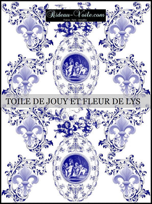 Toile de Jouy tissu au mètre style Empire Baroque motif imprimé Anges Fleur de Lys bleu ignifuge occultant